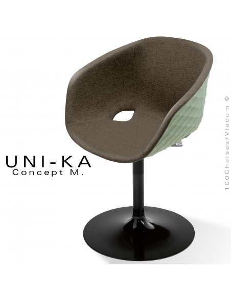 Fauteuil design chic et tendance UNIKA, piétement tulipe peint noir, assise plastique pistache, habillage tissu marron.