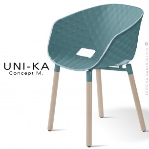 Fauteuil domestique chic et tendance UNIKA, piétement bois vernis gris, assise coque plastique couleur bleu poudre.