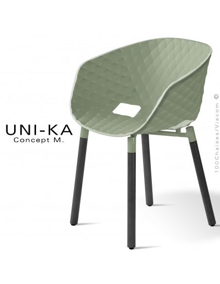 Fauteuil domestique chic et tendance UNIKA, piétement bois vernis noir, assise coque plastique couleur vert pistache.