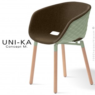 Fauteuil chic et tendance design confort UNIKA, piétement bois vernis châtaignier, coque pistache, tissu Medley marron.