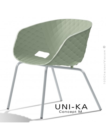 Fauteuil lounge chic et tendance UNIKA, piétement peint aluminium, assise coque plastique couleur vert pistache.