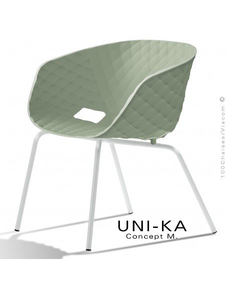 Fauteuil lounge chic et tendance UNIKA, piétement peint blanc, assise coque plastique couleur vert pistache.