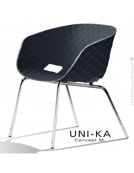 Fauteuil lounge chic et tendance UNIKA, piétement chromé brillant, assise coque plastique couleur anthracite.