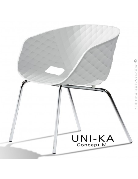 Fauteuil lounge chic et tendance UNIKA, piétement chromé brillant, assise coque plastique couleur blanche.