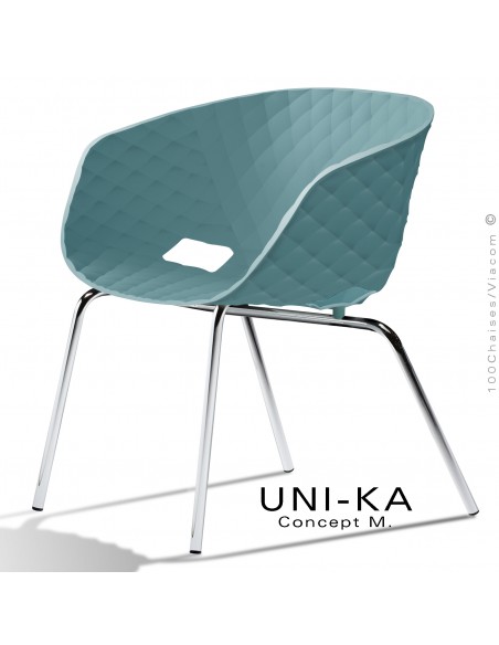 Fauteuil lounge chic et tendance UNIKA, piétement chromé brillant, assise coque plastique couleur bleu poudre.