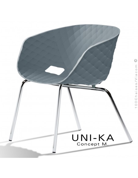 Fauteuil lounge chic et tendance UNIKA, piétement chromé brillant, assise coque plastique couleur gris petit gris.