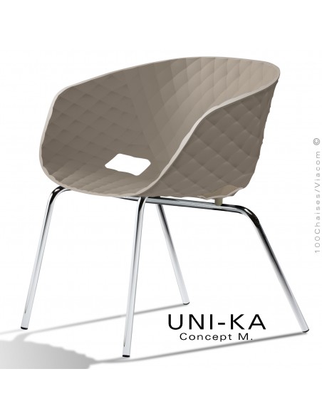Fauteuil lounge chic et tendance UNIKA, piétement chromé brillant, assise coque plastique couleur gris Tourterelle.