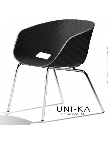 Fauteuil lounge chic et tendance UNIKA, piétement chromé brillant, assise coque plastique couleur noir.