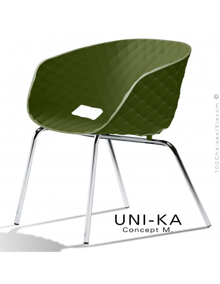 Fauteuil lounge chic et tendance UNIKA, piétement chromé brillant, assise coque plastique couleur vert olive.