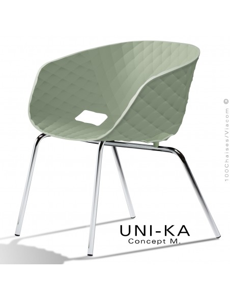 Fauteuil lounge chic et tendance UNIKA, piétement chromé brillant, assise coque plastique couleur vert pistache.
