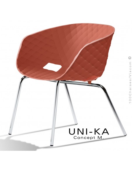Fauteuil lounge chic et tendance UNIKA, piétement chromé brillant, assise coque plastique couleur rouge corail.