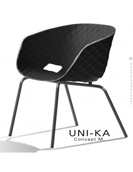 Fauteuil lounge chic et tendance UNIKA, piétement peint noir, assise coque plastique couleur noir.