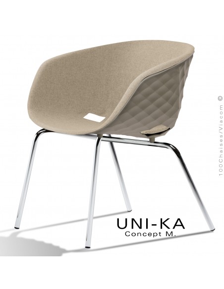 Fauteuil lounge confort chic et tendance UNI-KA, piétement chromé, assise couleur argile, tissu couleur corde.