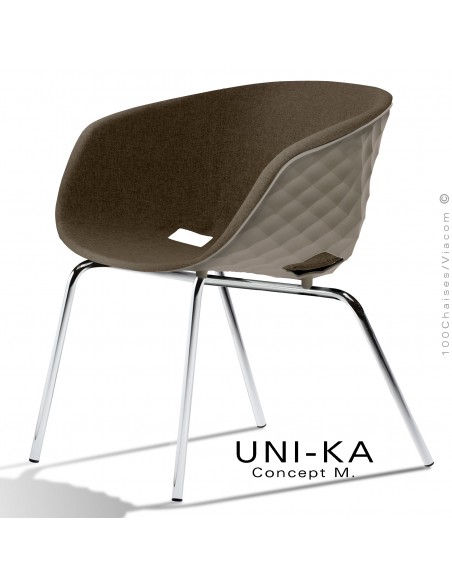 Fauteuil lounge confort chic et tendance UNI-KA, piétement chromé, assise couleur argile, tissu couleur marron.