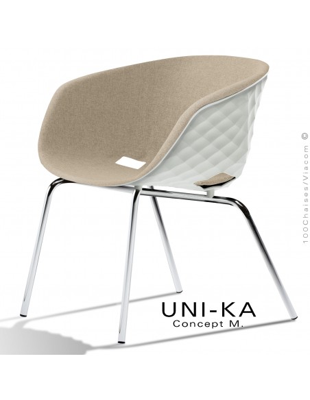 Fauteuil lounge confort chic et tendance UNI-KA, piétement chromé, assise couleur blanche, tissu couleur corde.