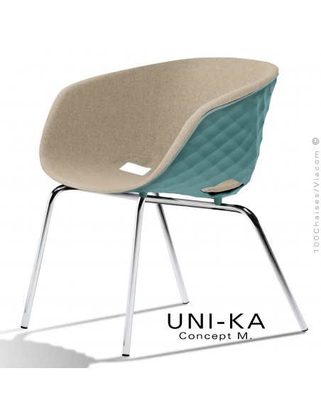 Fauteuil lounge confort chic et tendance UNI-KA, piétement chromé, assise couleur bleu poudre, tissu couleur corde.