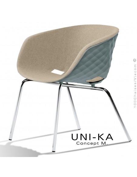 Fauteuil lounge confort chic et tendance UNI-KA, piétement chromé, assise couleur gris, tissu couleur corde.
