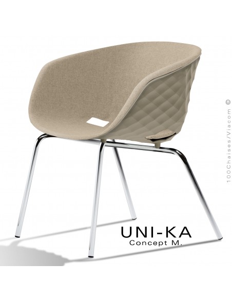 Fauteuil lounge confort chic et tendance UNI-KA, piétement chromé, assise couleur gris tourterelle, tissu couleur corde.