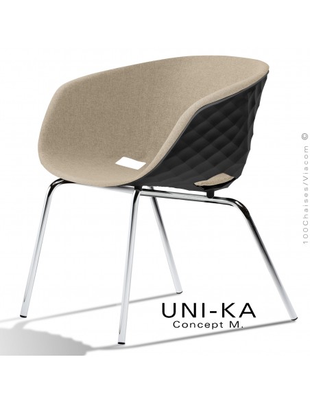 Fauteuil lounge confort chic et tendance UNI-KA, piétement chromé, assise couleur noire, tissu couleur corde.
