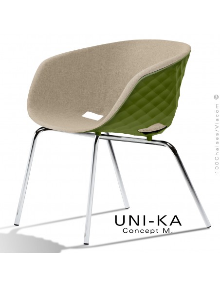 Fauteuil lounge confort chic et tendance UNI-KA, piétement chromé, assise couleur vert olive, tissu couleur corde.