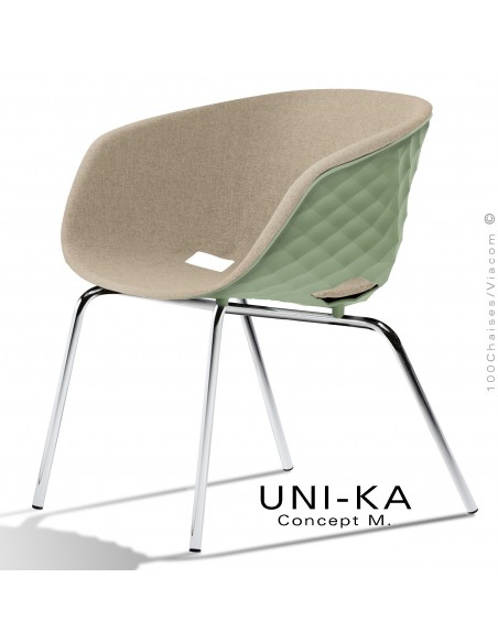 Fauteuil lounge confort chic et tendance UNI-KA, piétement chromé, assise couleur vert pistache, tissu couleur corde.
