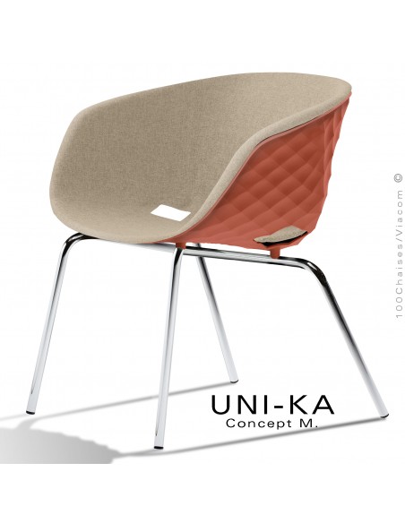 Fauteuil lounge confort chic et tendance UNI-KA, piétement chromé, assise couleur rouge corail, tissu couleur corde.