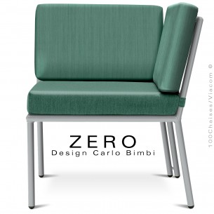 Banquette modulable d'extérieur ZERO, piétement peint gris-aluminium, coussin habillage tissu couleur vert d'eau.