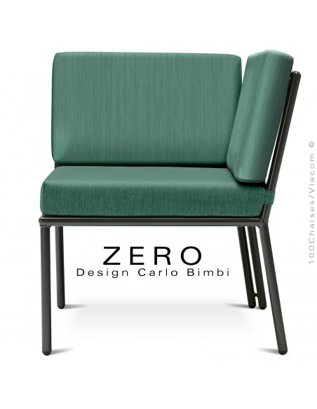 Banquette modulable d'extérieur ZERO, piétement peint noir, coussin habillage tissu couleur vert d'eau.