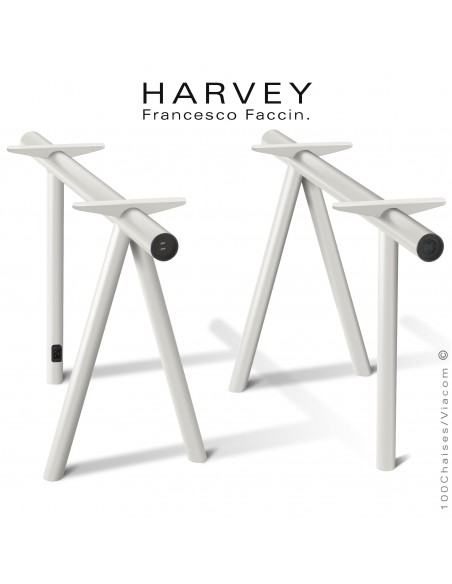 Tréteaux de table ou bureau design HARVEY, structure tube d'acier peint blanc pur avec connexion électrique et x2-USB.