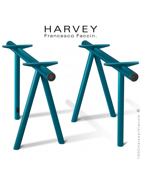 Tréteaux de table ou bureau design HARVEY, structure tube d'acier peint bleu d'eau avec connexion électrique et x2-USB.
