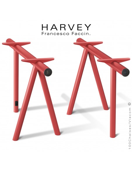 Tréteaux de table ou bureau design HARVEY, structure tube d'acier peint rouge corail avec connexion électrique et x2-USB.