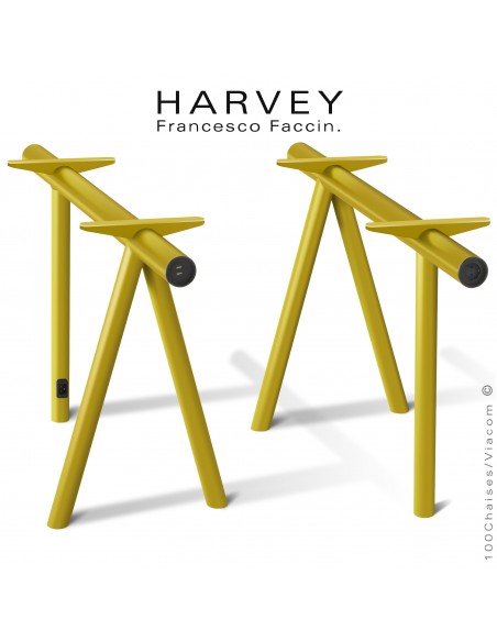 Tréteaux de table ou bureau design HARVEY, structure tube d'acier peint jaune curry avec connexion électrique et x2-USB.