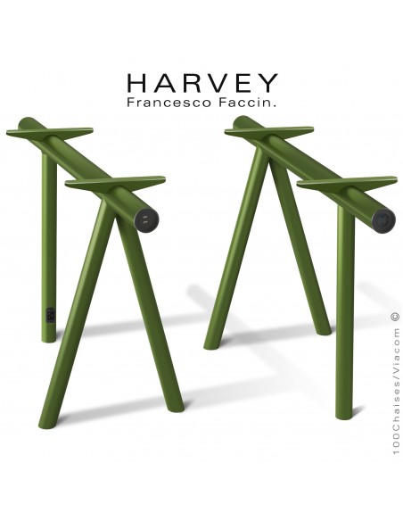 Tréteaux de table ou bureau design HARVEY, structure tube d'acier peint vert olive avec connexion électrique et x2-USB.