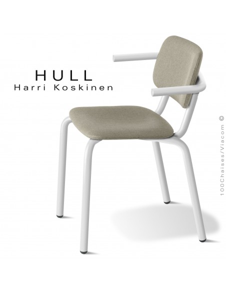 Fauteuil pour collectivités, HULL, piétement acier peint blanc, assise mousse plus tissu Medley couleur argile.