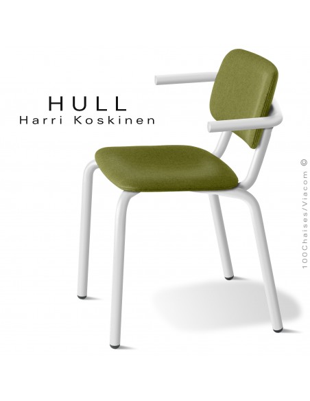 Fauteuil pour collectivités, HULL, piétement acier peint blanc, assise mousse plus tissu Medley couleur vert kaki.