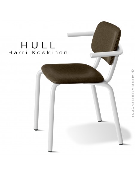 Fauteuil pour collectivités, HULL, piétement acier peint blanc, assise mousse plus tissu Medley couleur marron.