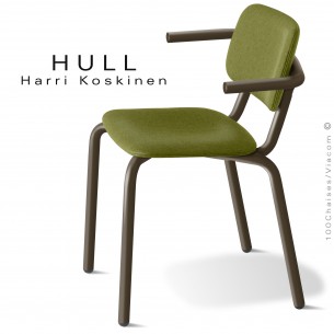 Fauteuil pour collectivités, HULL, piétement acier peint marron, assise et dossier mousse plus tissu Medley couleur kaki.