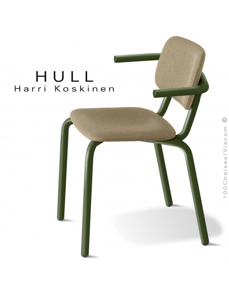 Fauteuil pour collectivités, HULL, piétement acier peint vert olive, assise et dossier mousse plus tissu Medley couleur corde.