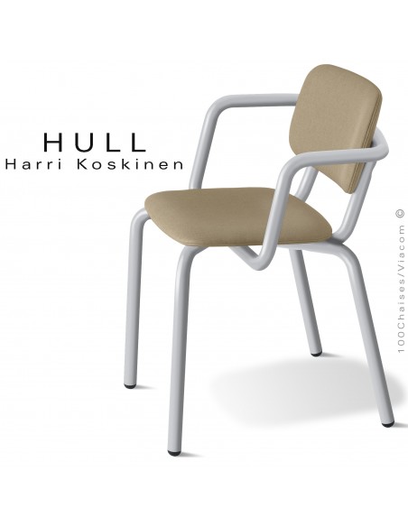 Fauteuil pour la restauration collective HULL, piétement acier peint aluminium, assise habillage tissu couleur corde.
