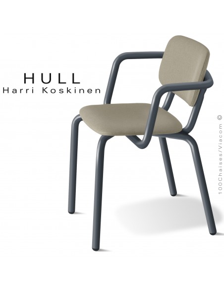 Fauteuil pour la restauration collective HULL, piétement acier peint anthracite, assise habillage tissu couleur argile.