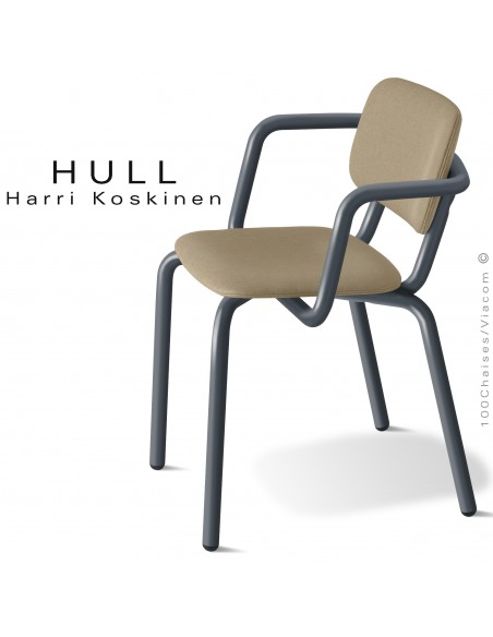 Fauteuil pour la restauration collective HULL, piétement acier peint anthracite, assise habillage tissu couleur corde.