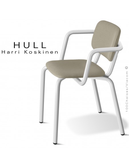 Fauteuil pour la restauration collective HULL, piétement acier peint blanc, assise habillage tissu couleur argile.