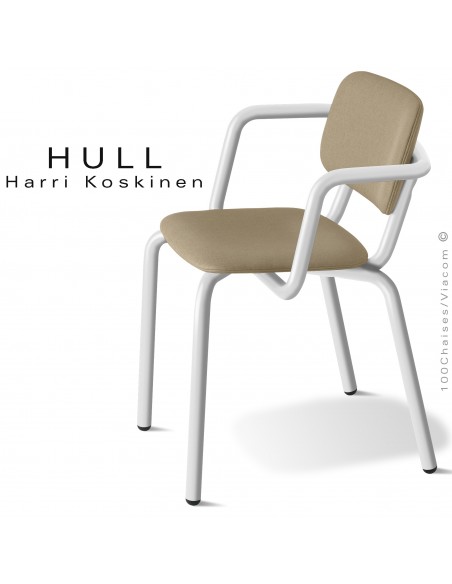 Fauteuil pour la restauration collective HULL, piétement acier peint blanc, assise habillage tissu couleur corde.