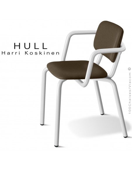 Fauteuil pour la restauration collective HULL, piétement acier peint blanc, assise habillage tissu couleur marron.