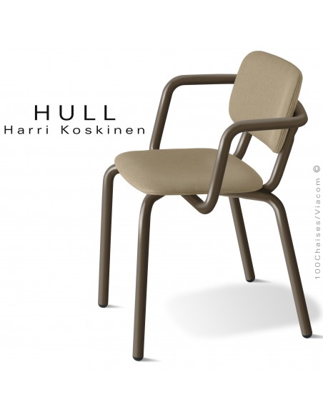 Fauteuil pour la restauration collective HULL, piétement acier peint marron, assise habillage tissu couleur corde.