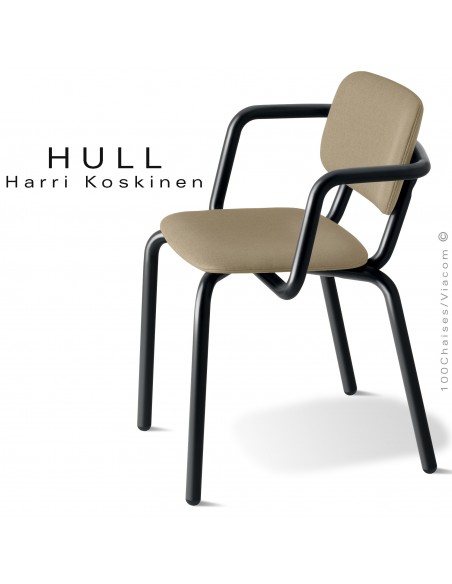 Fauteuil pour la restauration collective HULL, piétement acier peint noir, assise habillage tissu couleur corde.