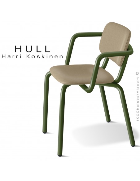 Fauteuil pour la restauration collective HULL, piétement acier peint vert olive, assise habillage tissu couleur corde.