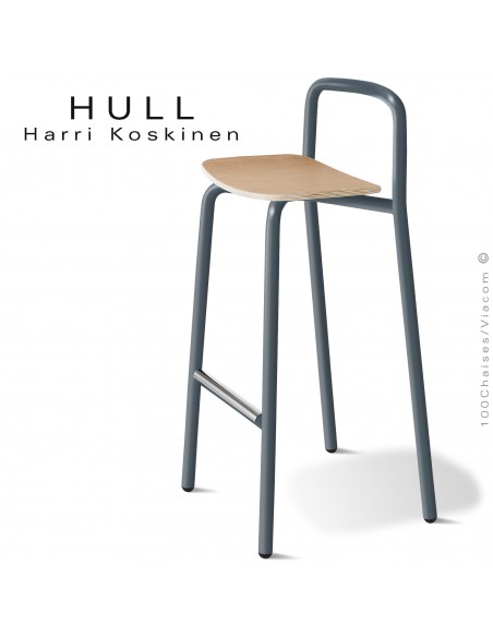 Tabouret pour collectivités HULL, piétement acier peint anthracite, assise bois de hêtre vernis châtaignier.