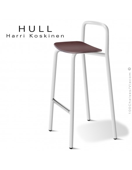 Tabouret pour collectivités HULL, piétement acier peint blanc, assise bois de hêtre vernis brun.