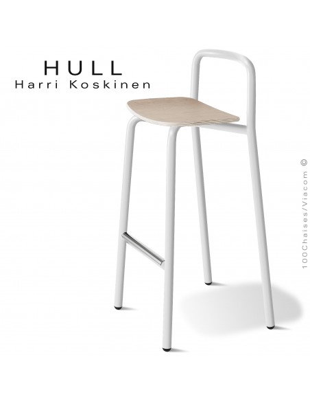 Tabouret pour collectivités HULL, piétement acier peint blanc, assise bois de hêtre vernis gris.